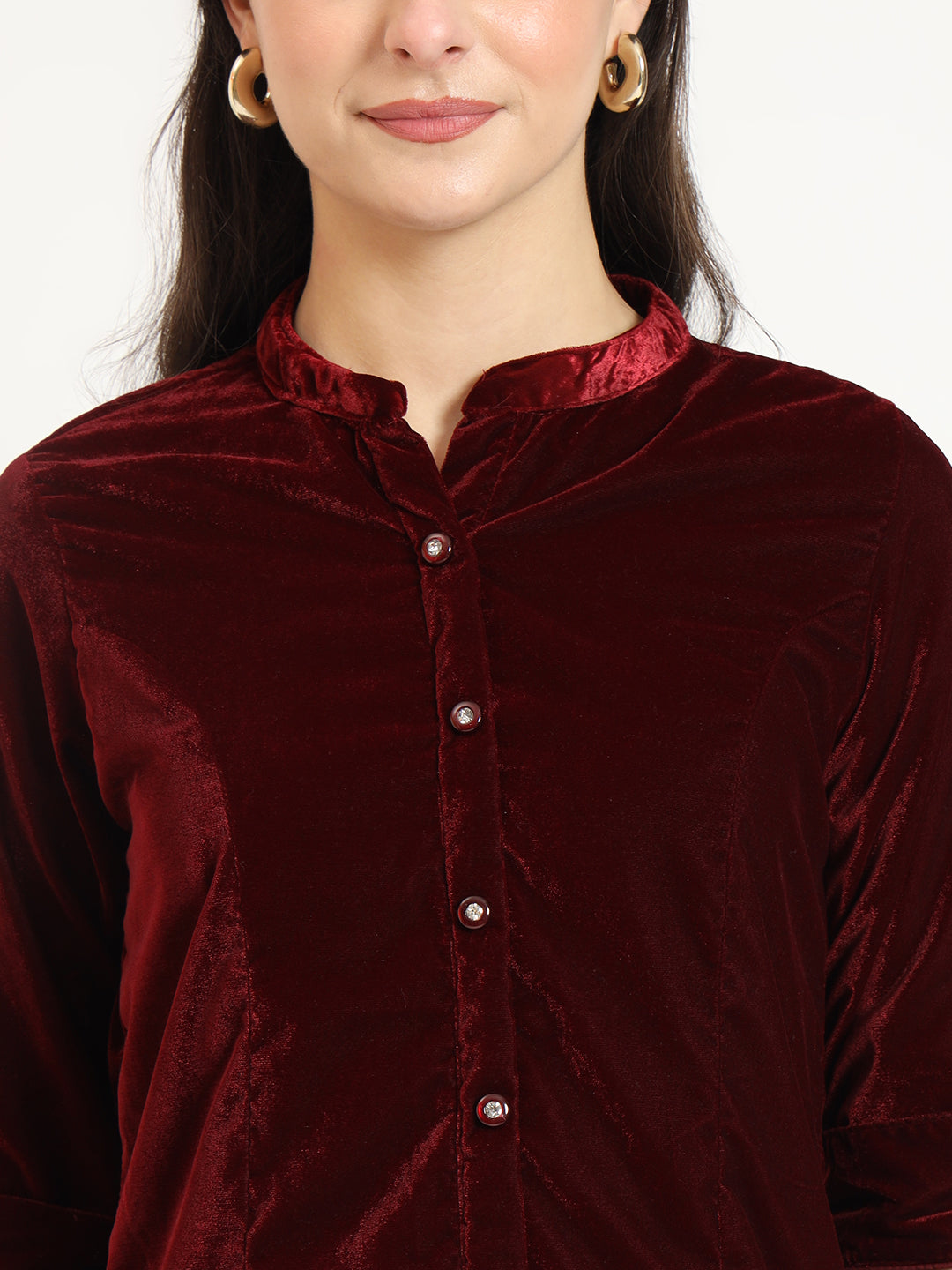 Divena Maroon Solid Print Velvet Straight Top