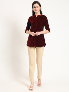 Divena Maroon Solid Print Velvet Straight Top