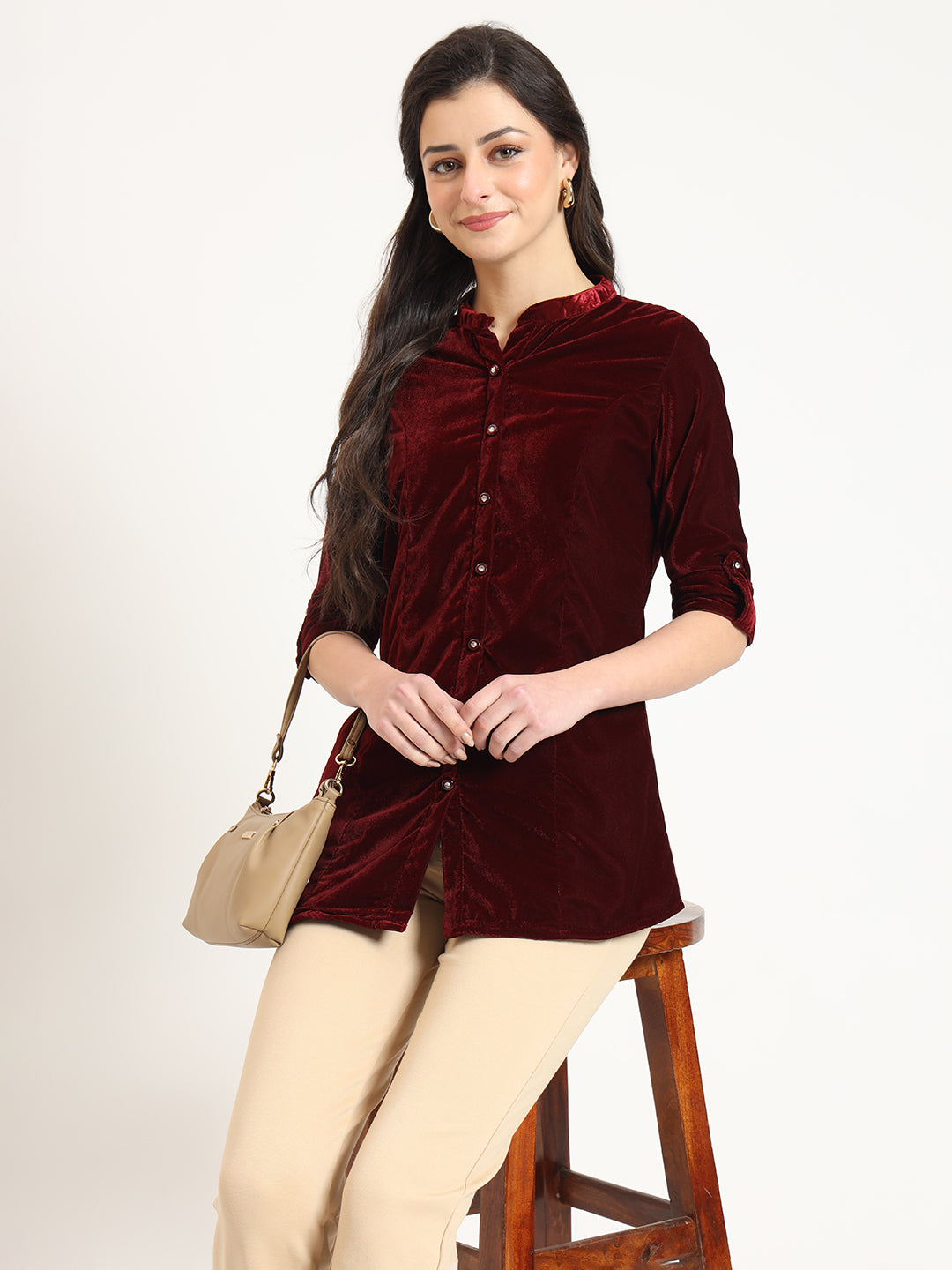 Maroon Solid Print Velvet Straight Top — view 1