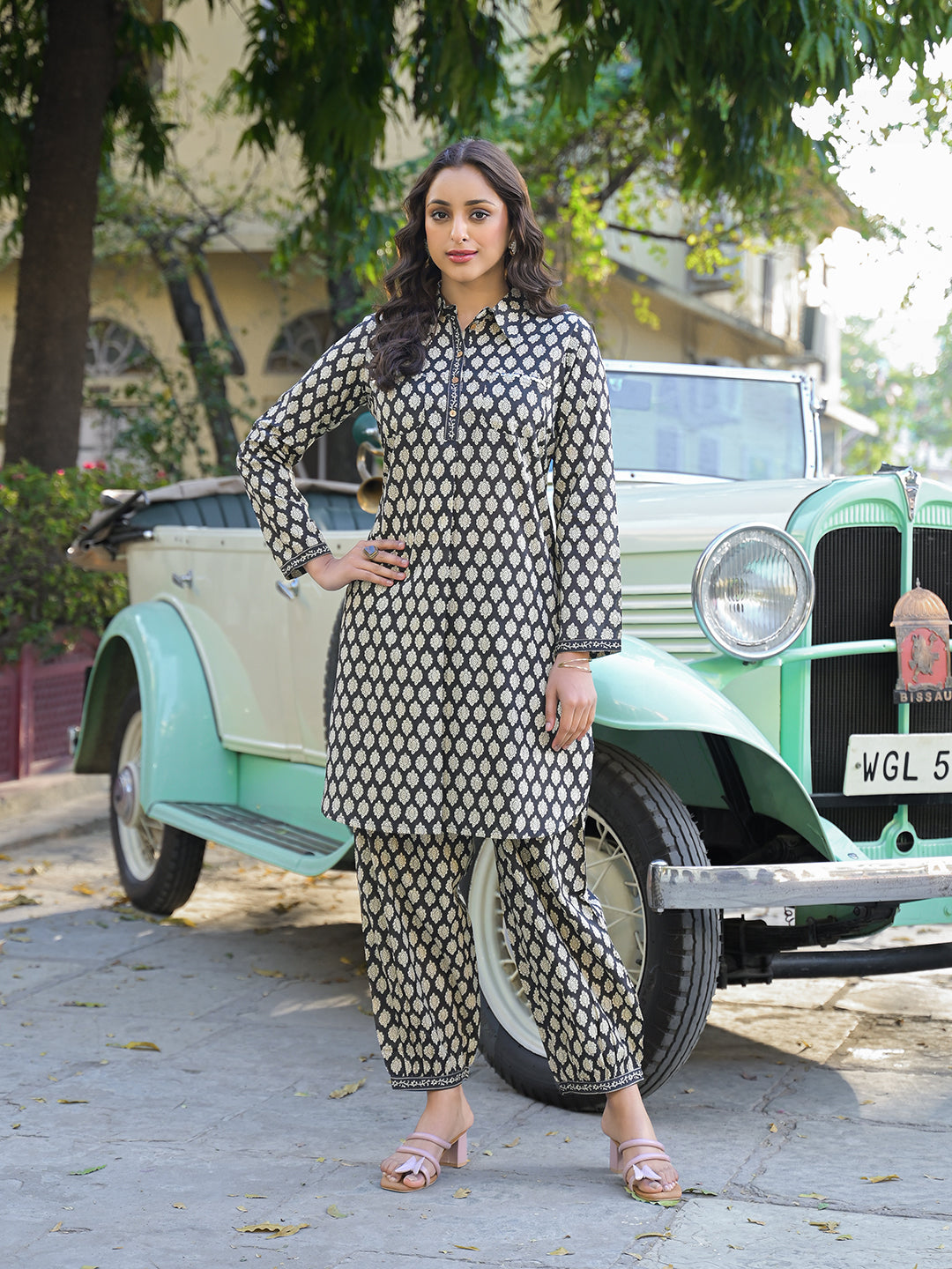 Black Ethnic Printed Cotton Fabric Shirt Kurta With Trouser — view 1