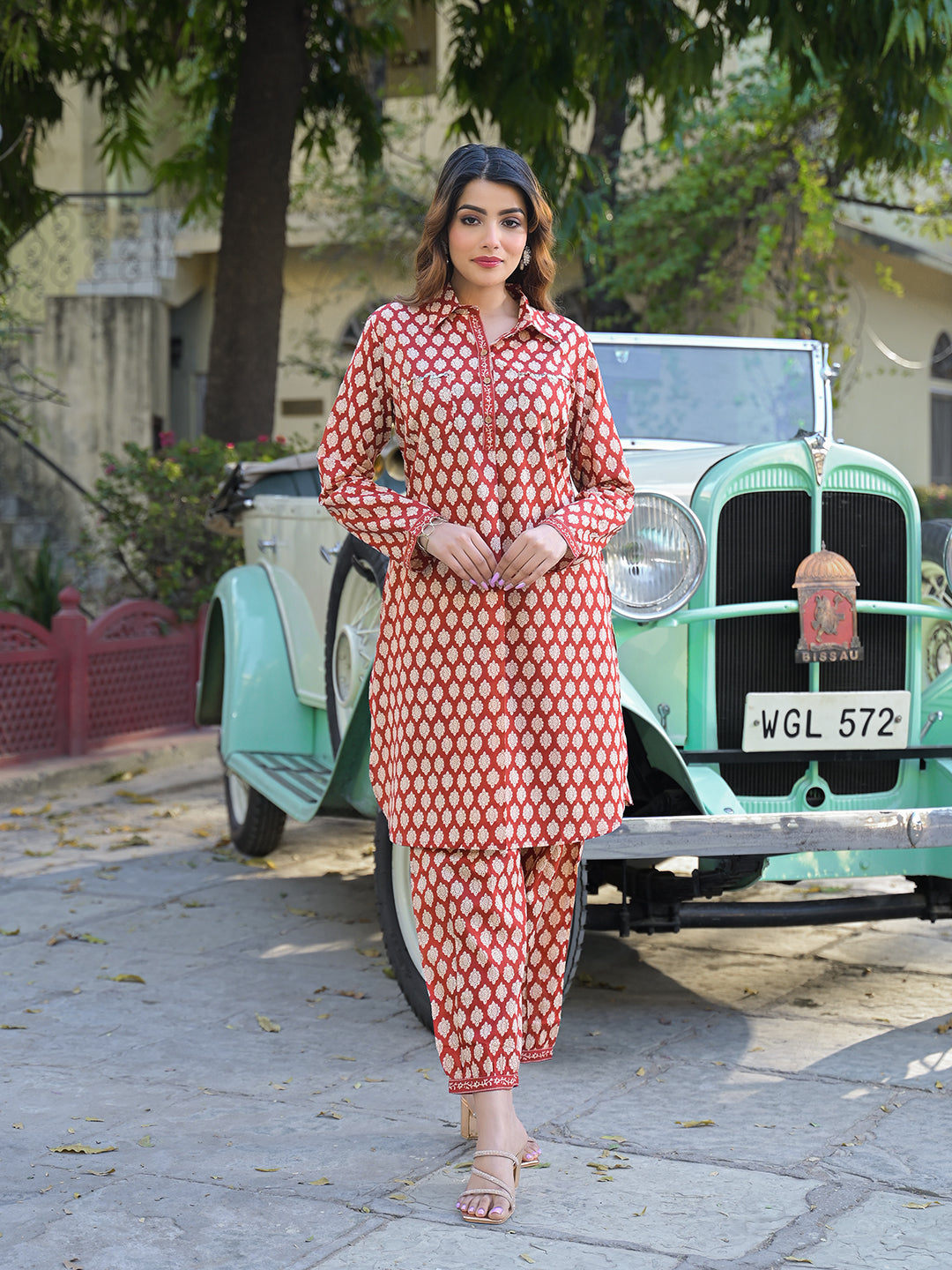 Divena Red Ethnic Printed Cotton Fabric Shirt Kurta With Trouser