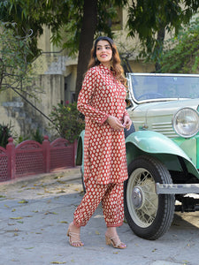 Divena Red Ethnic Printed Cotton Fabric Shirt Kurta With Trouser