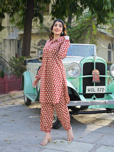 Divena Red Ethnic Printed Cotton Fabric Shirt Kurta With Trouser