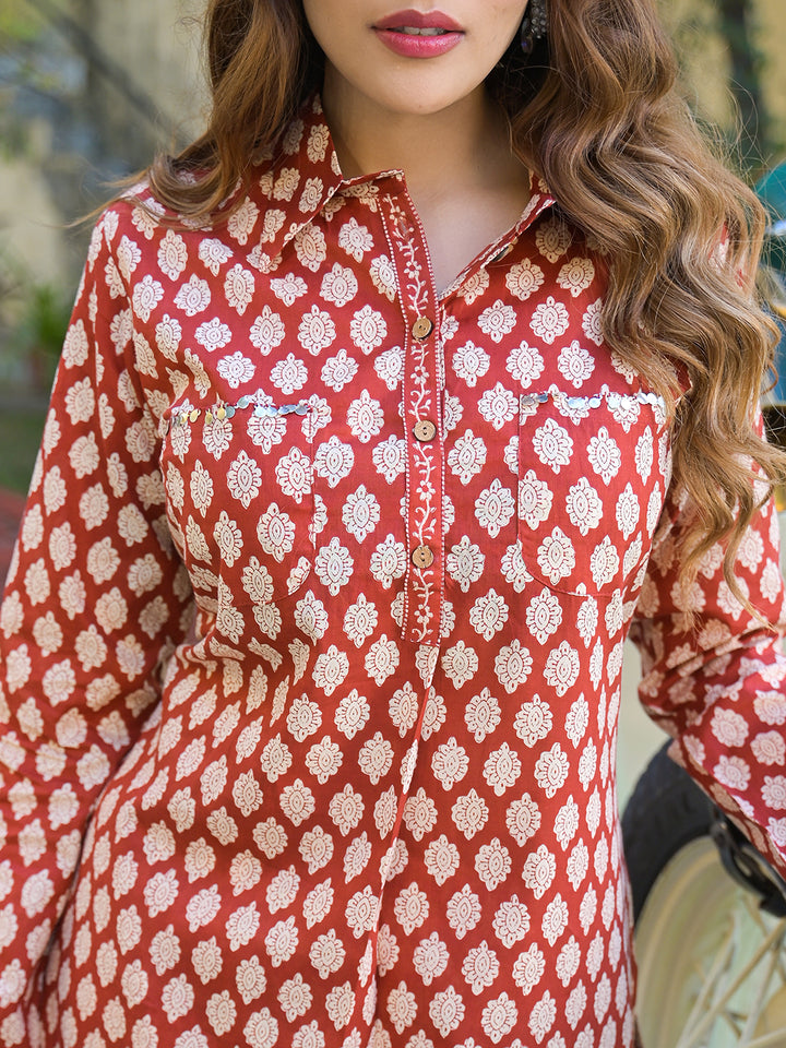 Divena Red Ethnic Printed Cotton Fabric Shirt Kurta With Trouser