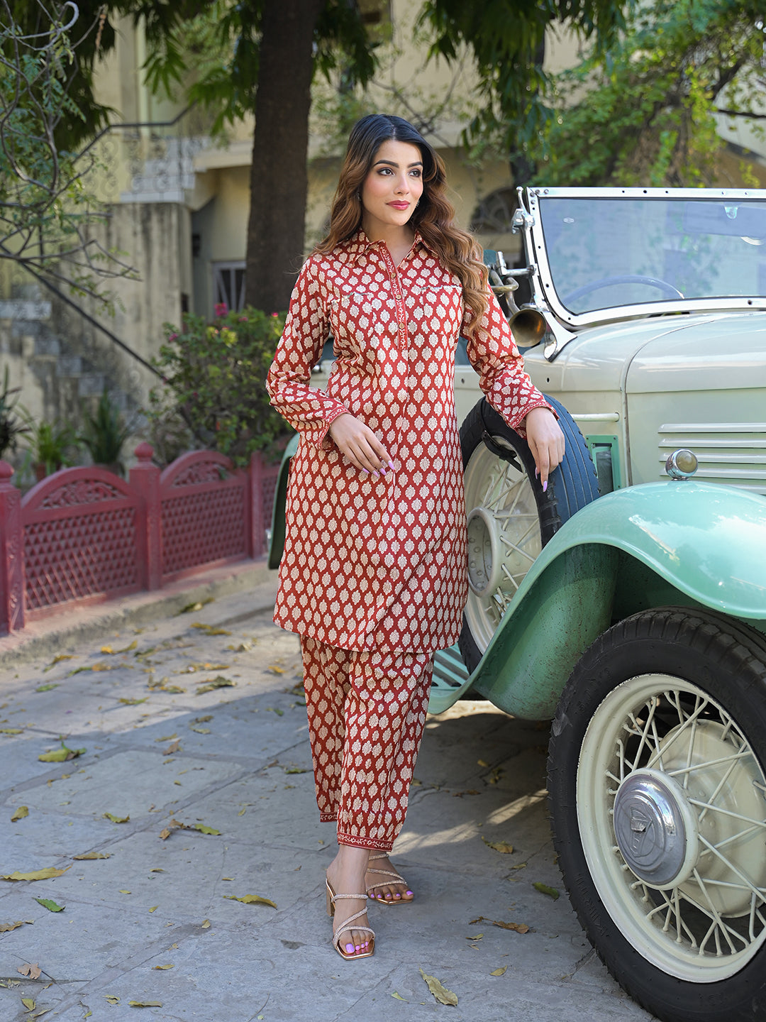 Divena Red Ethnic Printed Cotton Fabric Shirt Kurta With Trouser