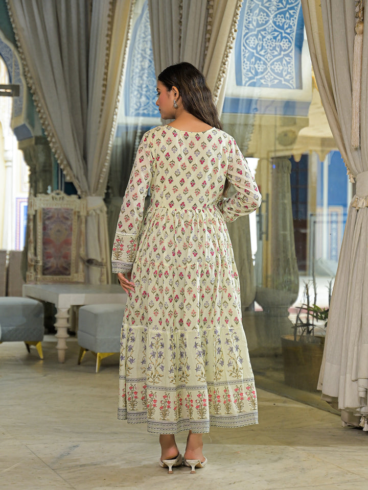 Divena Cream Ethnic Motif Cotton Dress