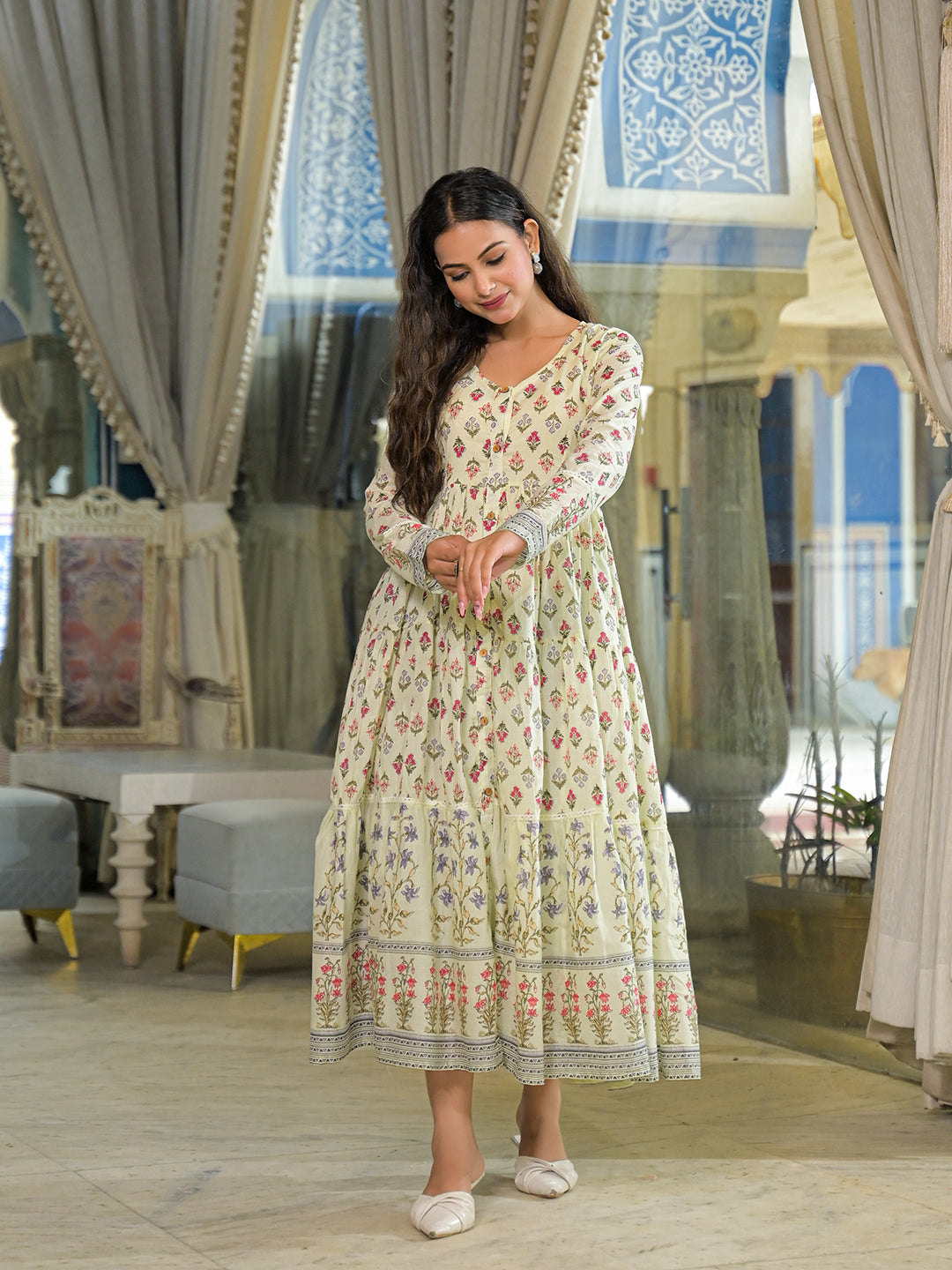 Divena Cream Ethnic Motif Cotton Dress