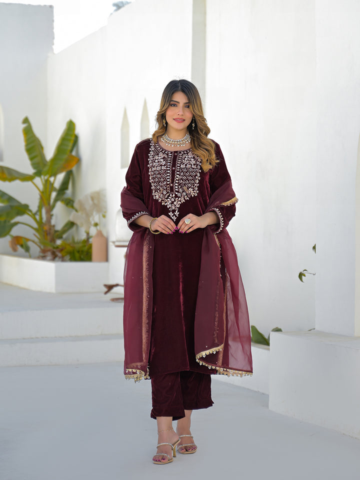 Divena Embroidered Maroon Velvet Kurta Pant Dupatta Set for Women