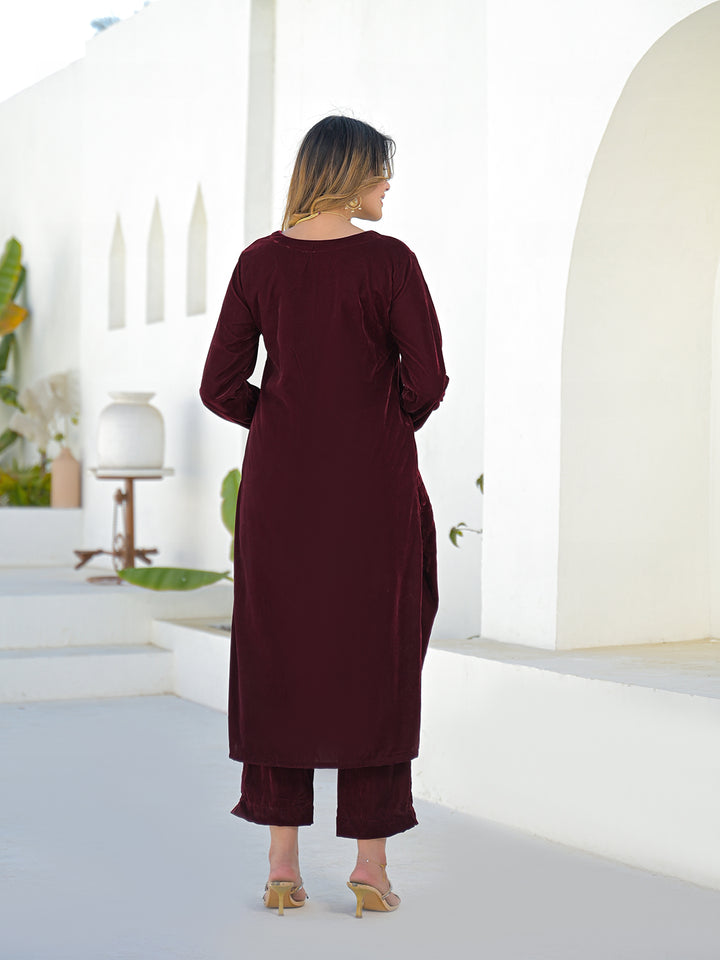 Divena Embroidered Maroon Velvet Kurta Pant Dupatta Set for Women