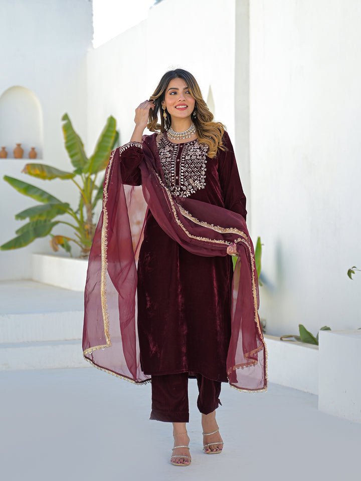 Divena Embroidered Maroon Velvet Kurta Pant Dupatta Set for Women