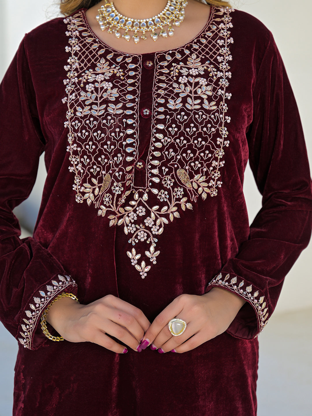 Divena Embroidered Maroon Velvet Kurta Pant Dupatta Set for Women