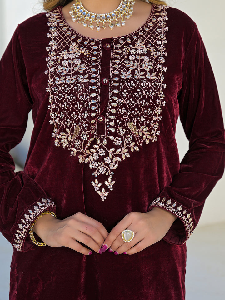 Divena Embroidered Maroon Velvet Kurta Pant Dupatta Set for Women