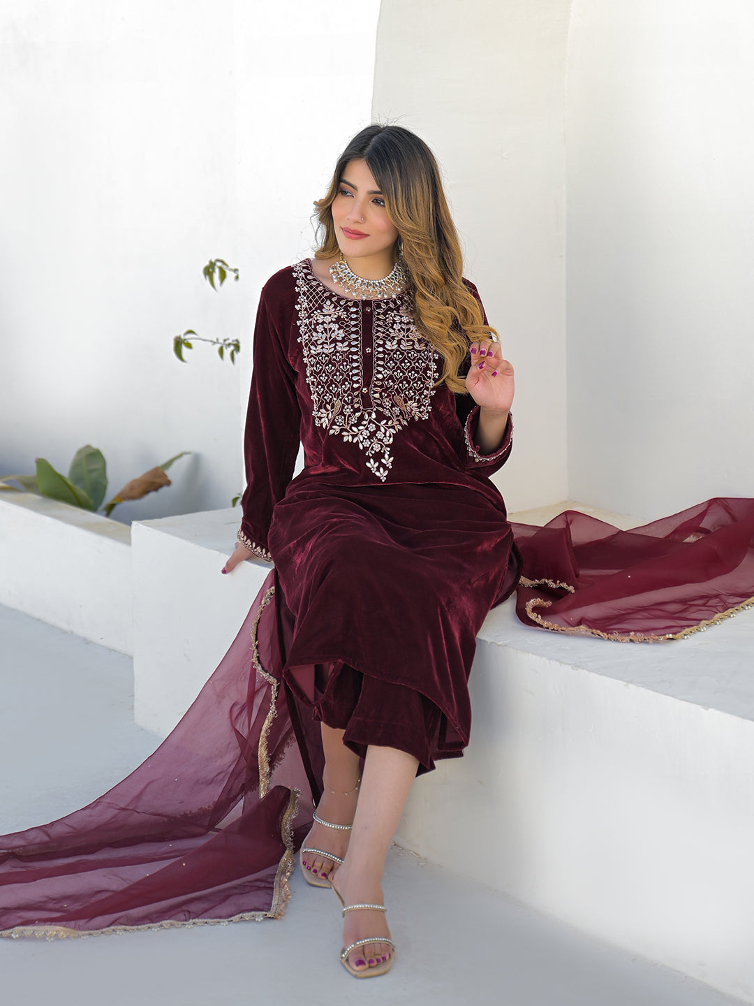 Divena Embroidered Maroon Velvet Kurta Pant Dupatta Set for Women