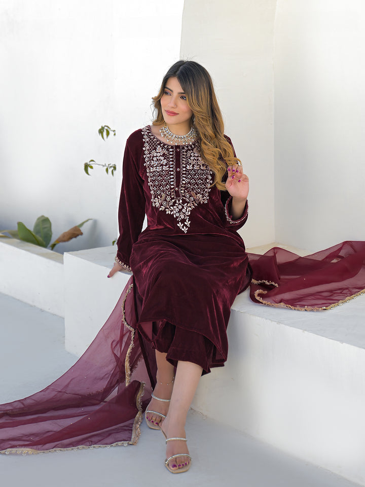 Divena Embroidered Maroon Velvet Kurta Pant Dupatta Set for Women
