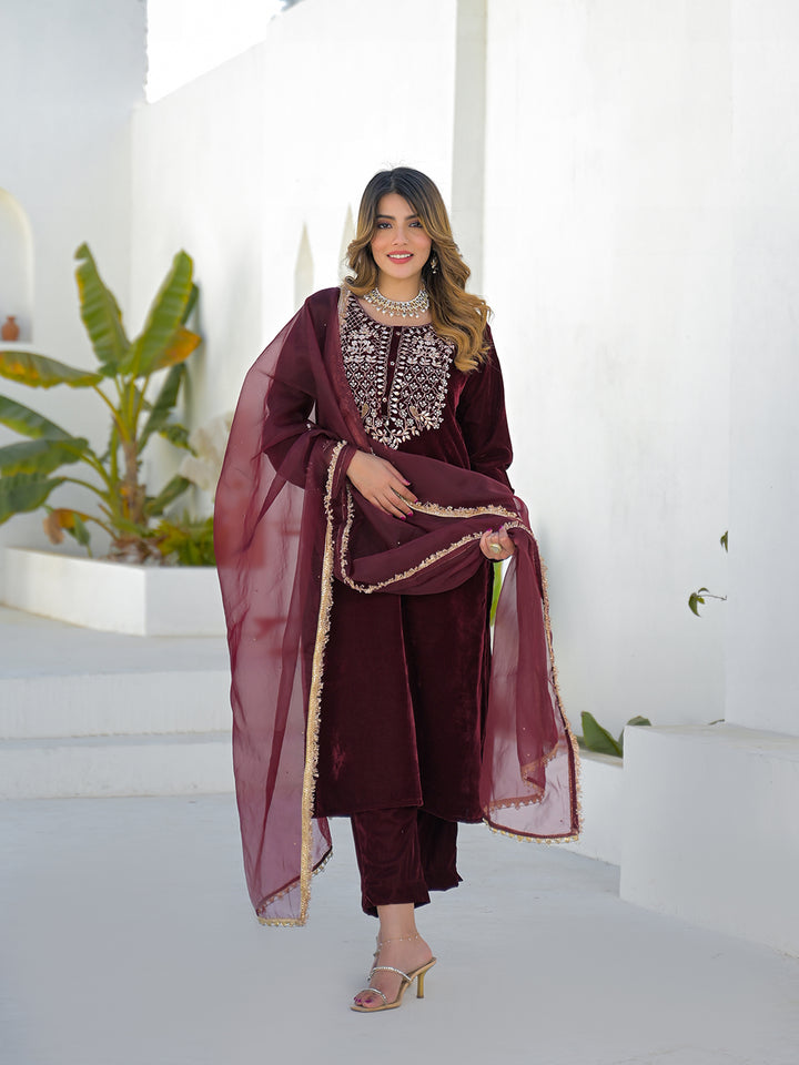 Divena Embroidered Maroon Velvet Kurta Pant Dupatta Set for Women