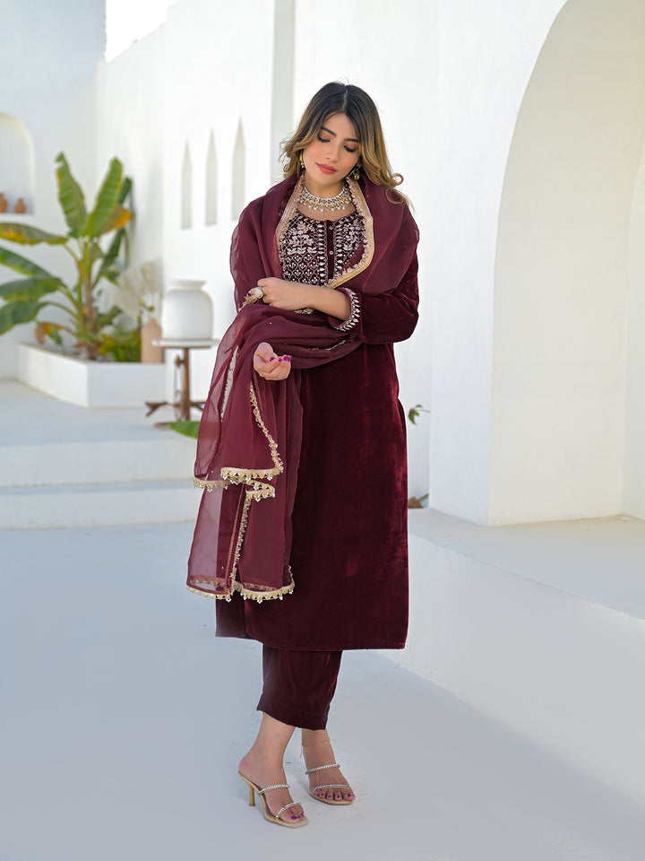 Divena Embroidered Maroon Velvet Kurta Pant Dupatta Set for Women