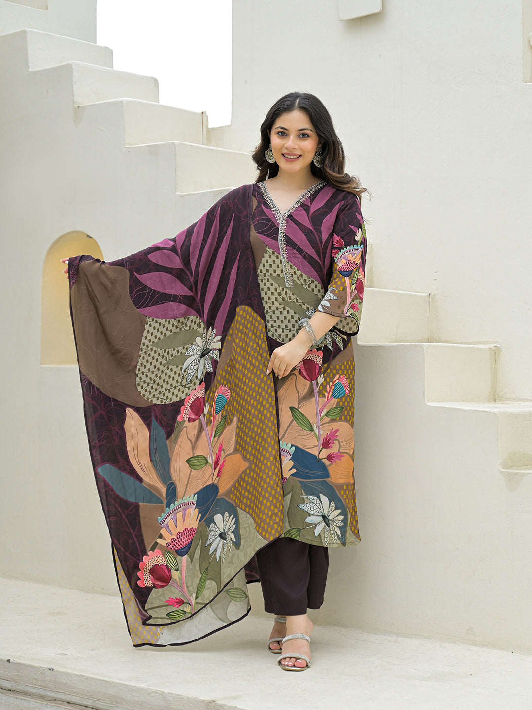 Divena Purple Pure Crepe Digital Print Kurta Pant Set With Dupatta