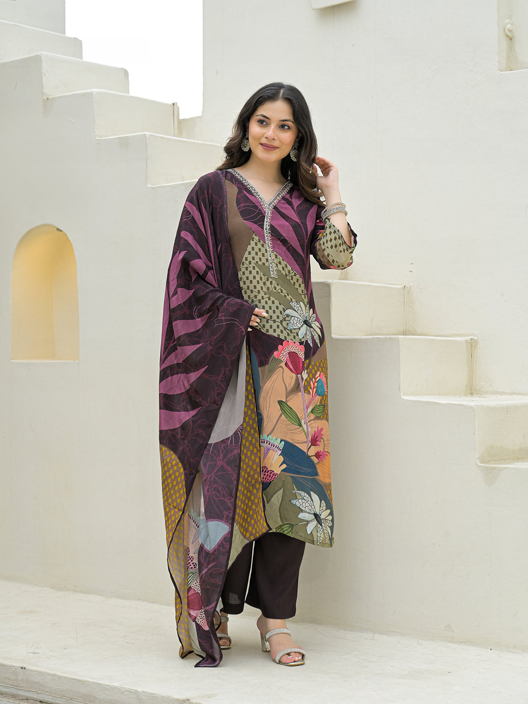 Purple Pure Crepe Digital Print Kurta Pant Set With Dupatta — view 1