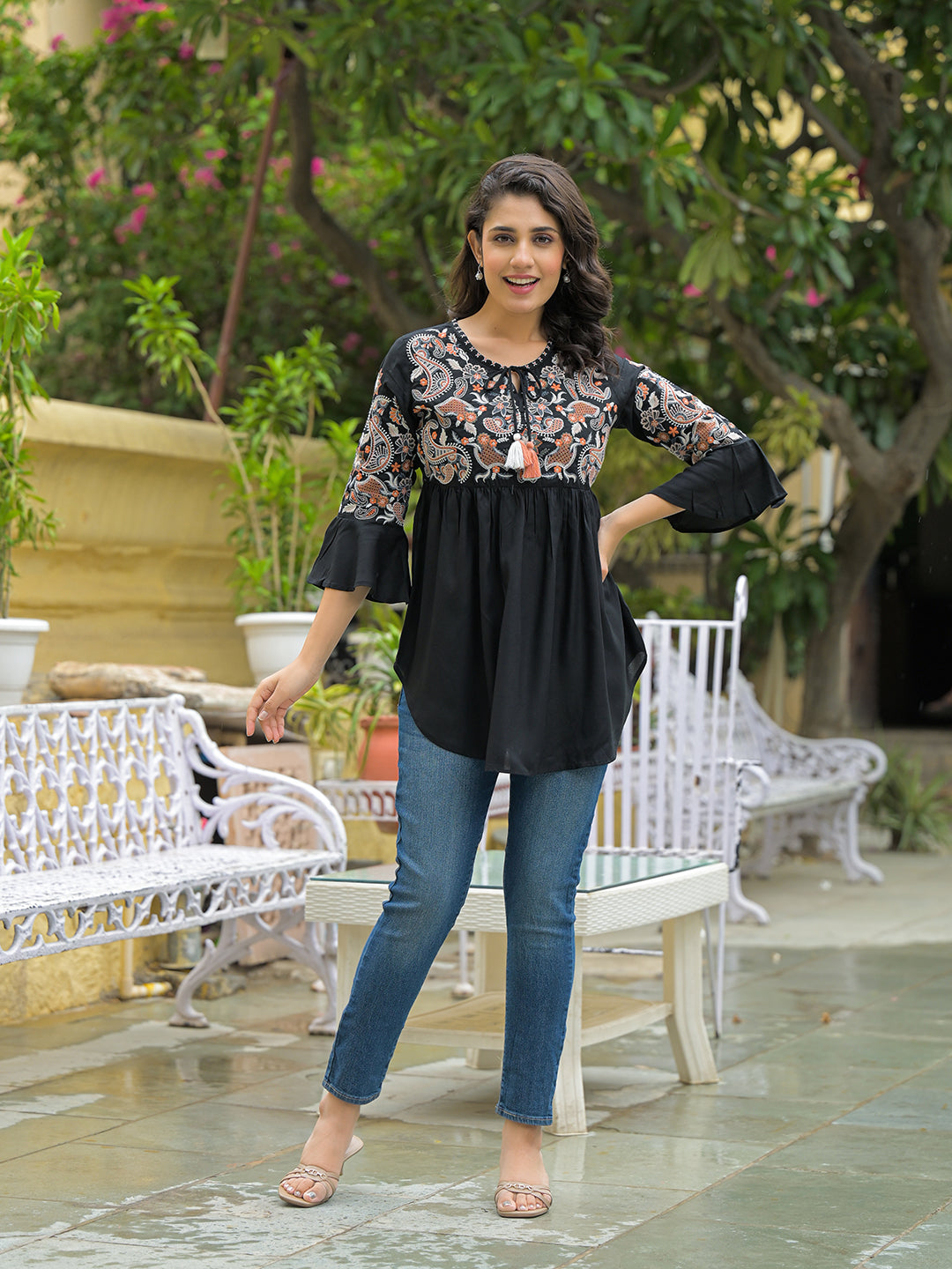 Divena Black Embroidary Rayon Curved Hemline Top