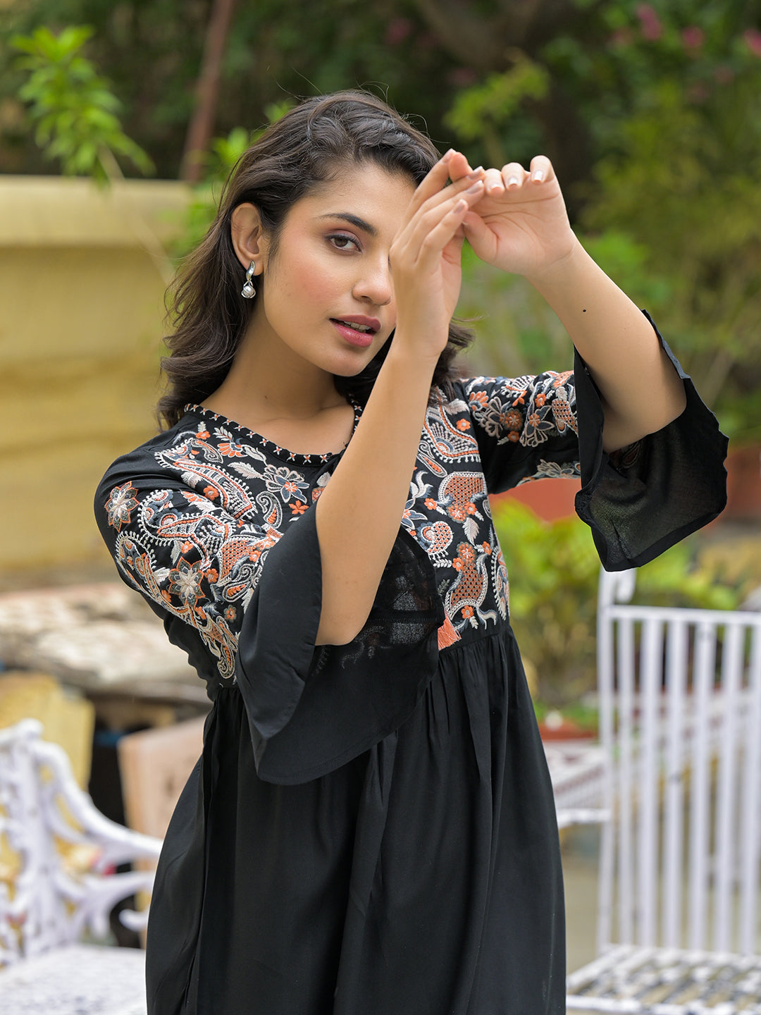Divena Black Embroidary Rayon Curved Hemline Top