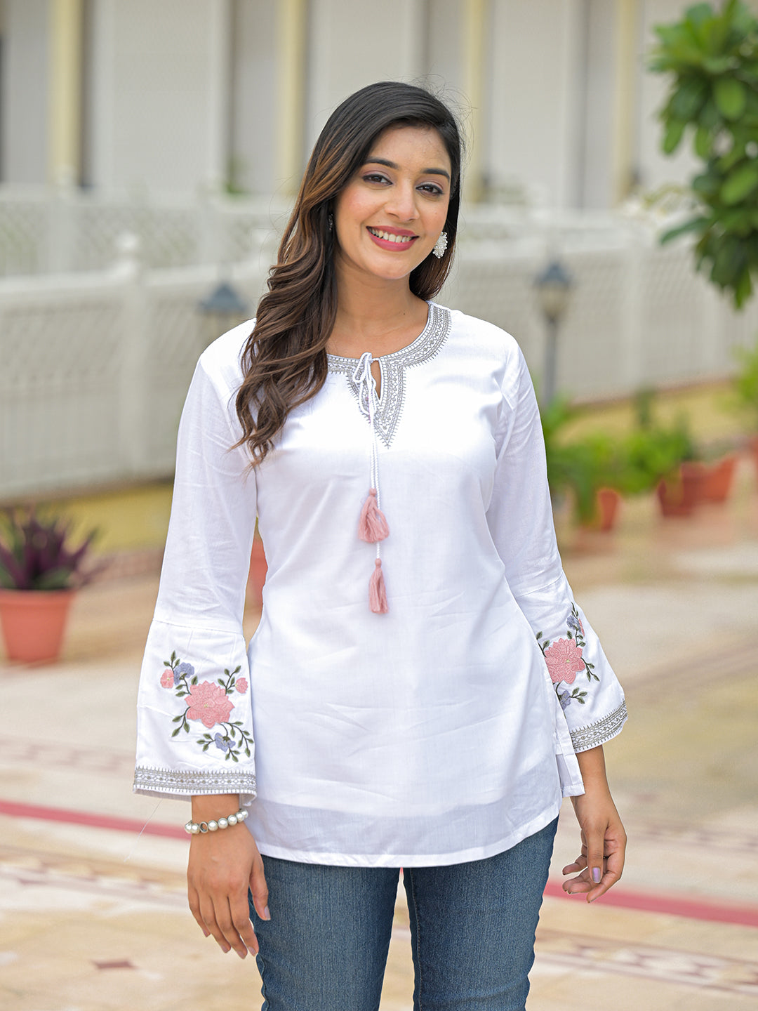 Divena White Rayon Embroidered Top