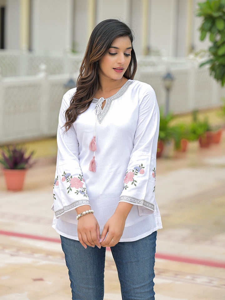 Divena White Rayon Embroidered Top
