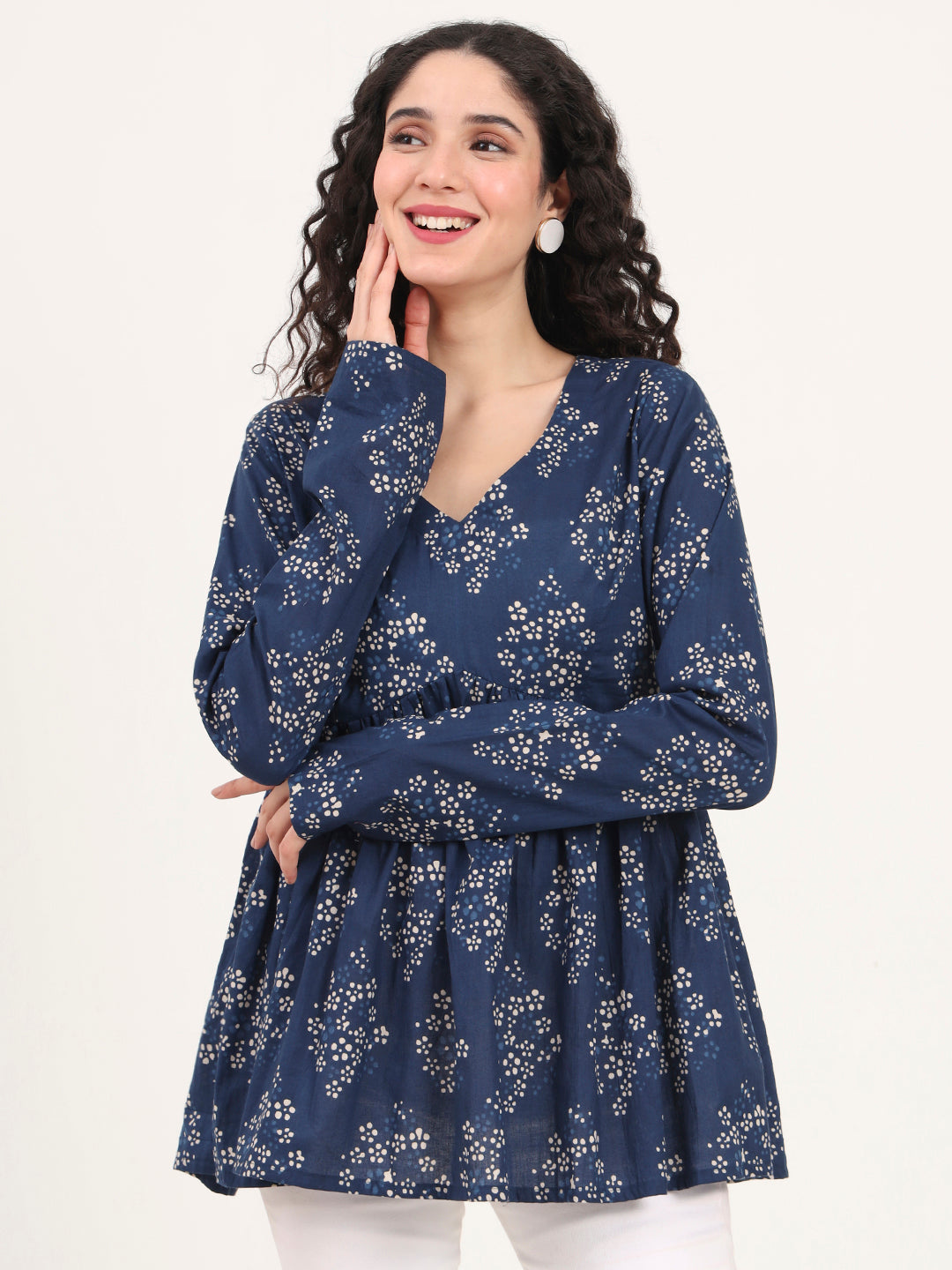 Divena Blue Floral Printed V Neck Cotton Top