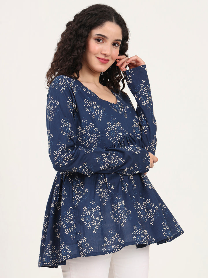 Divena Blue Floral Printed V Neck Cotton Top