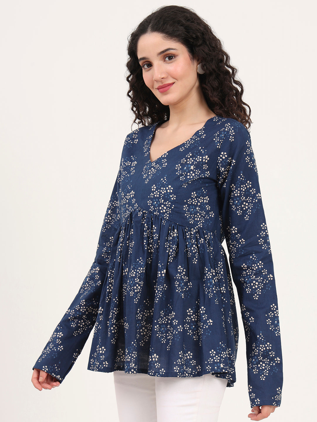 Divena Blue Floral Printed V Neck Cotton Top