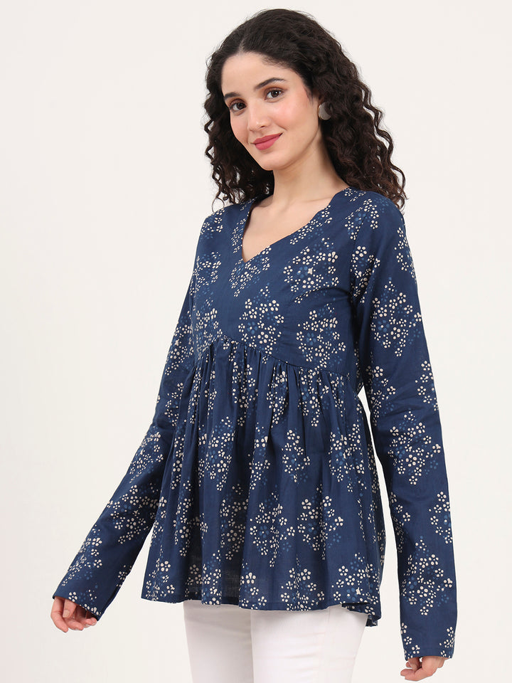 Divena Blue Floral Printed V Neck Cotton Top
