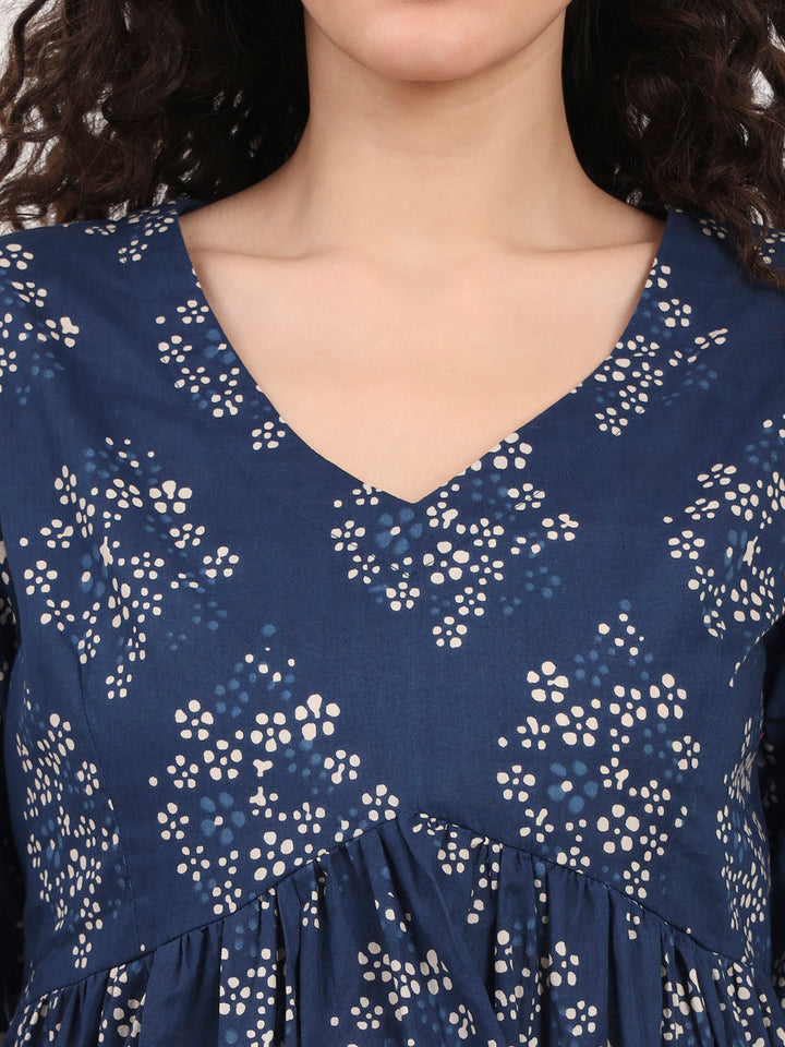 Divena Blue Floral Printed V Neck Cotton Top