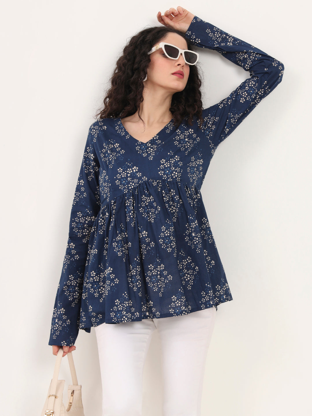 Blue Floral Printed V Neck Cotton Top — view 1