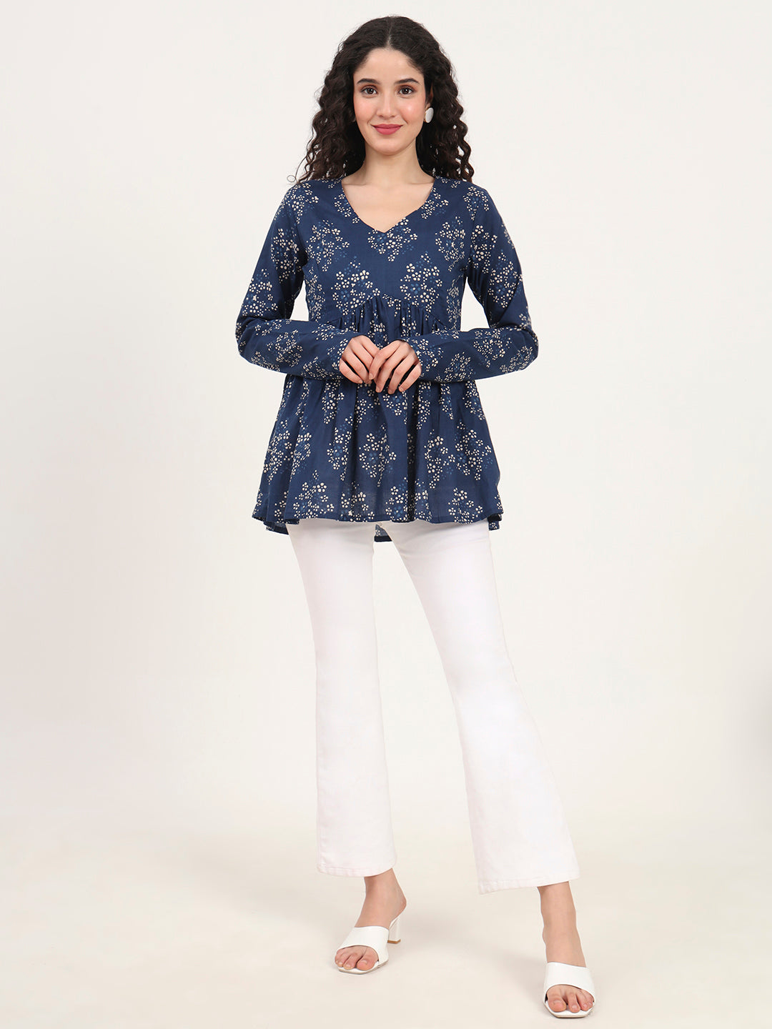 Divena Blue Floral Printed V Neck Cotton Top