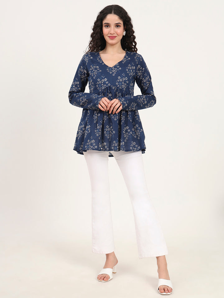Divena Blue Floral Printed V Neck Cotton Top