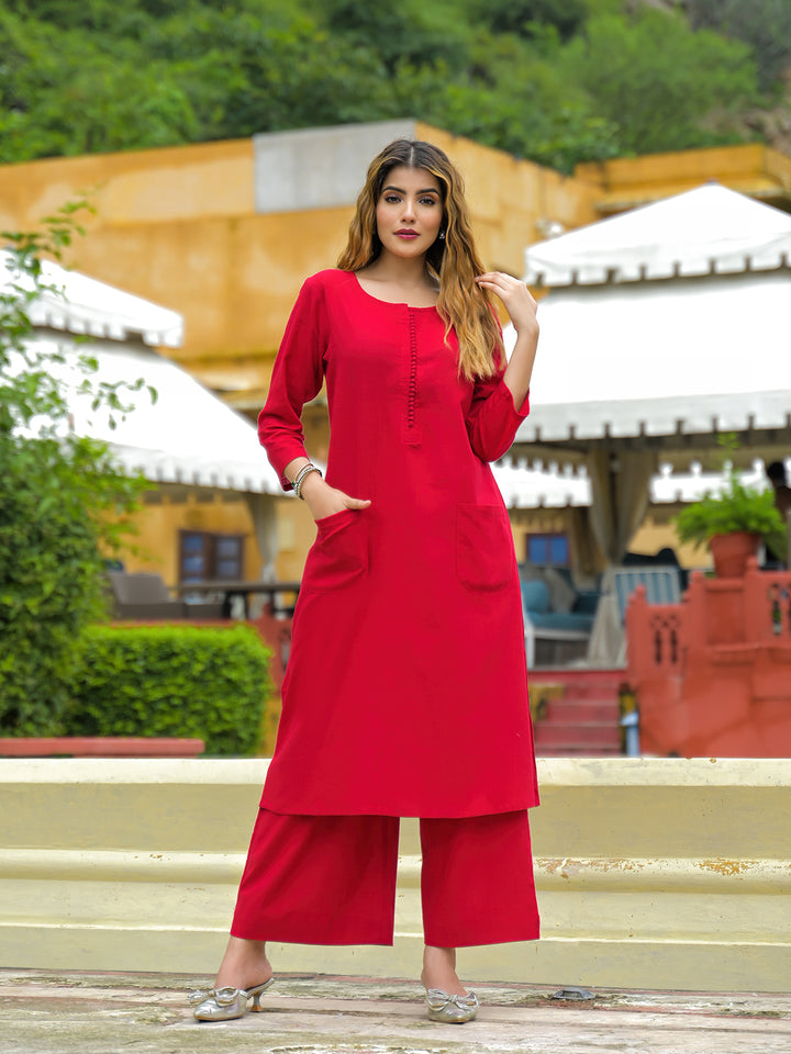 Divena Red Solid Cotton A-line Kurta Pant Sets