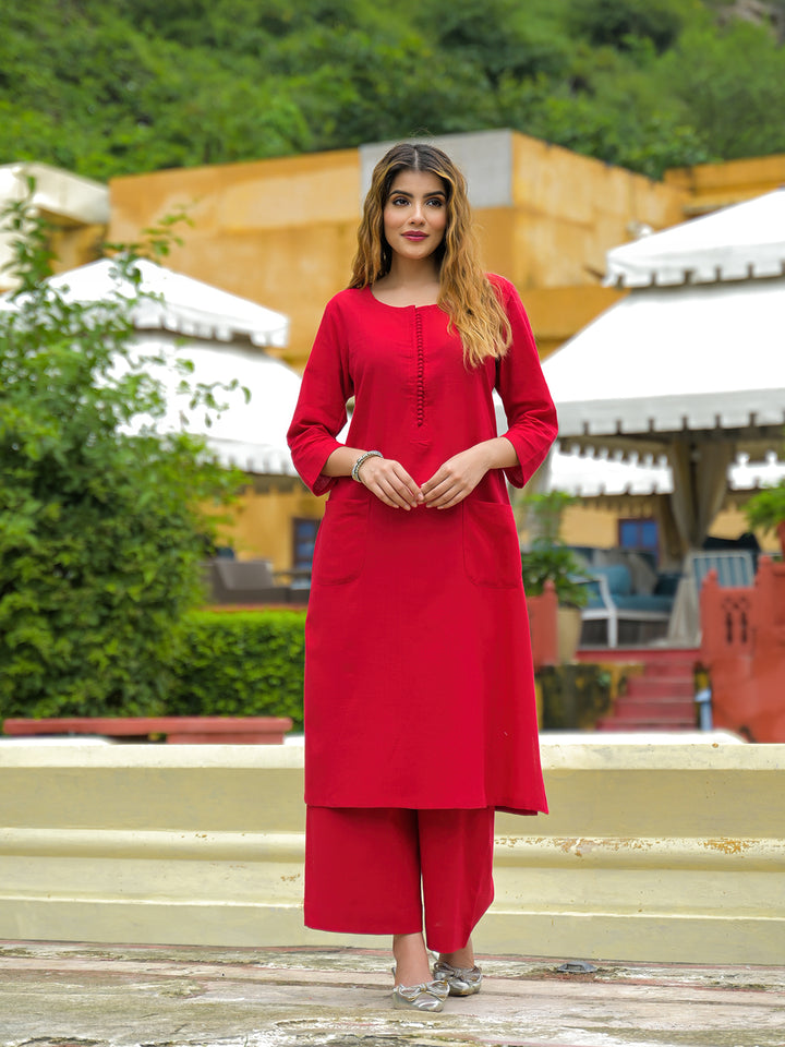 Divena Red Solid Cotton A-line Kurta Pant Sets
