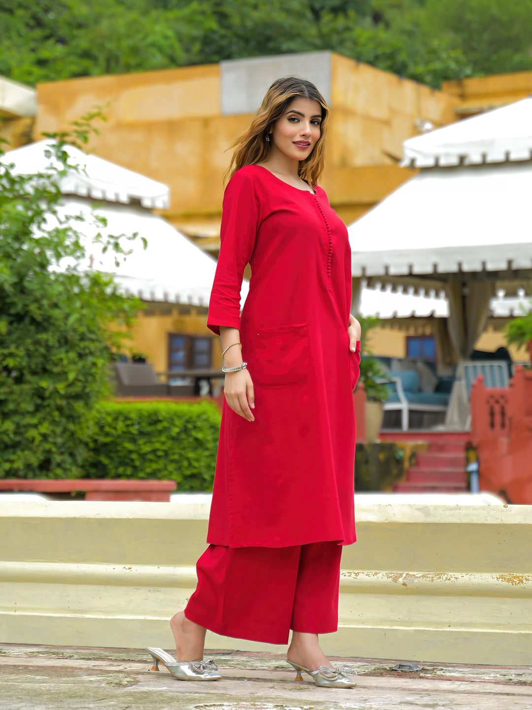 Divena Red Solid Cotton A-line Kurta Pant Sets