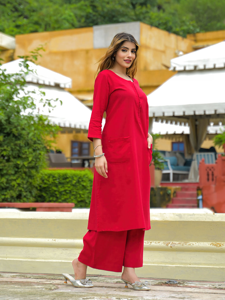 Divena Red Solid Cotton A-line Kurta Pant Sets