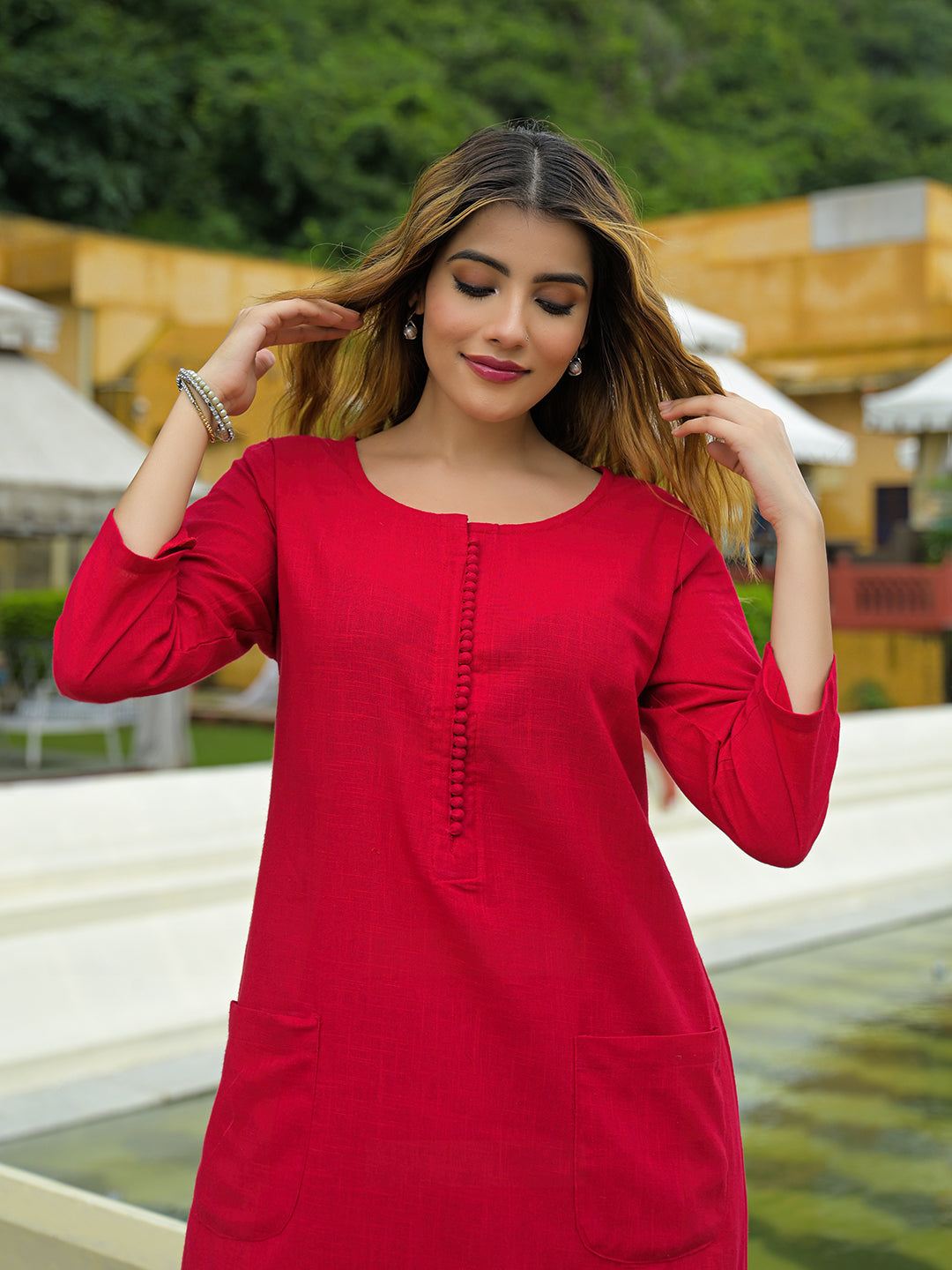 Divena Red Solid Cotton A-line Kurta Pant Sets