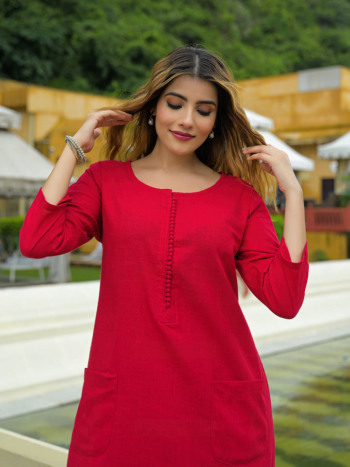 Divena Red Solid Cotton A-line Kurta Pant Sets