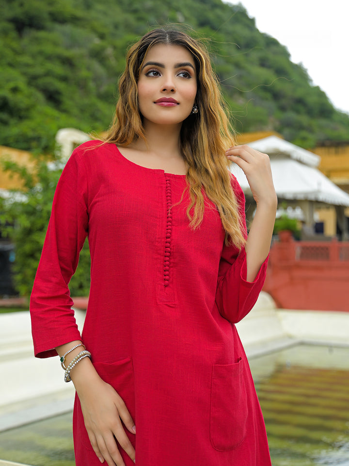 Divena Red Solid Cotton A-line Kurta Pant Sets