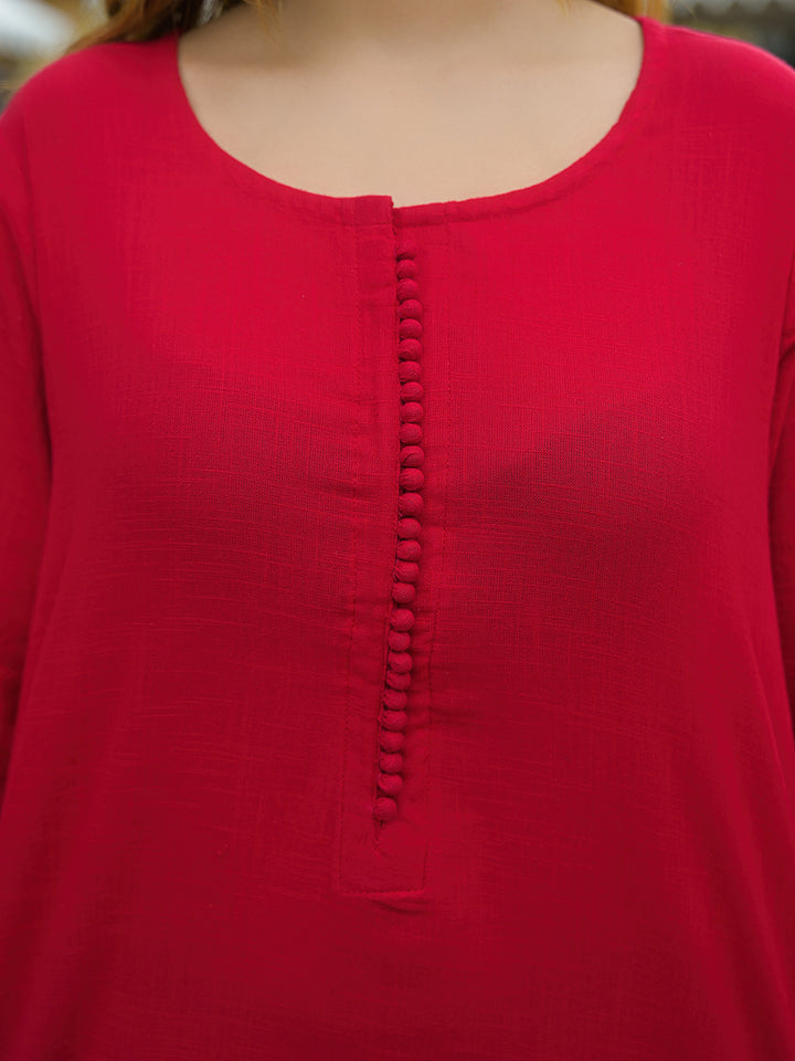 Divena Red Solid Cotton A-line Kurta Pant Sets