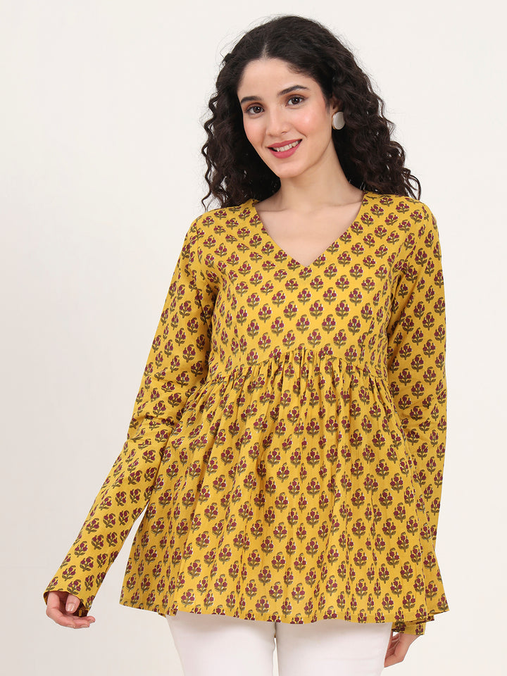 Divena Yellow Floral Printed V Neck Cotton Top