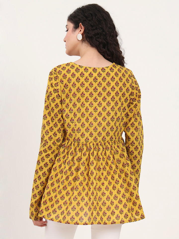 Divena Yellow Floral Printed V Neck Cotton Top