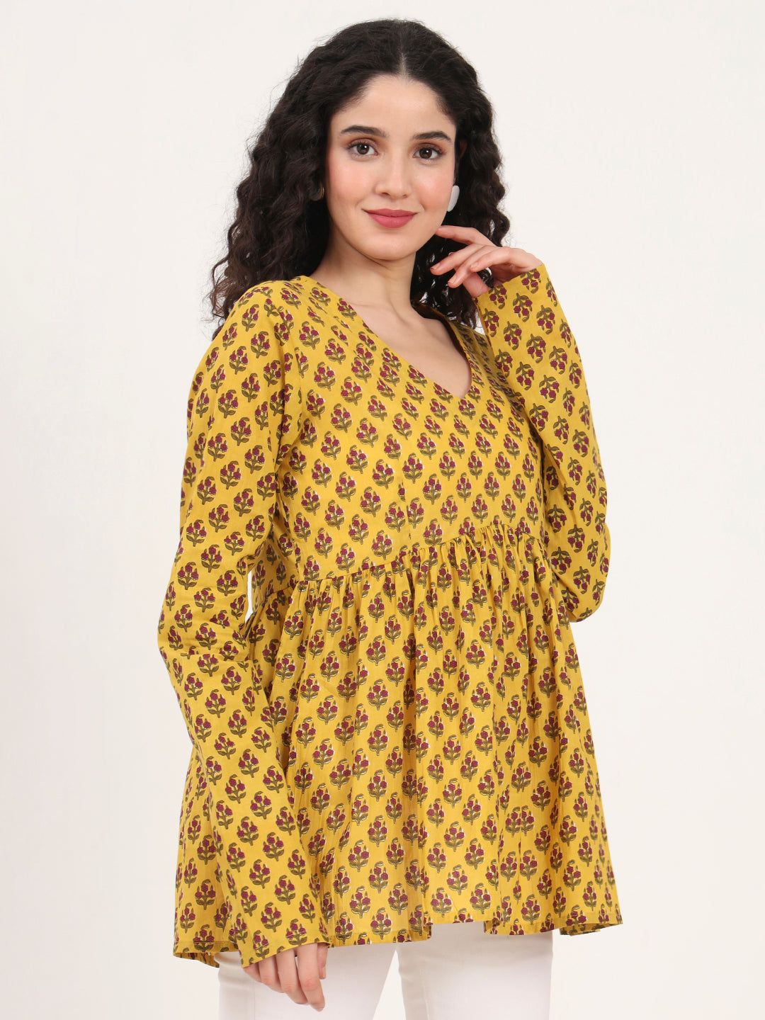 Divena Yellow Floral Printed V Neck Cotton Top