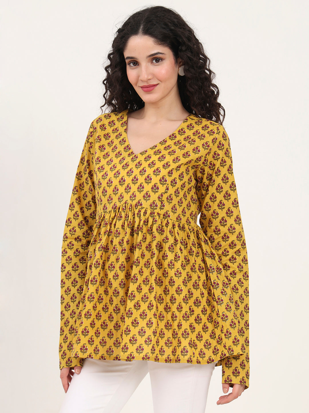 Divena Yellow Floral Printed V Neck Cotton Top