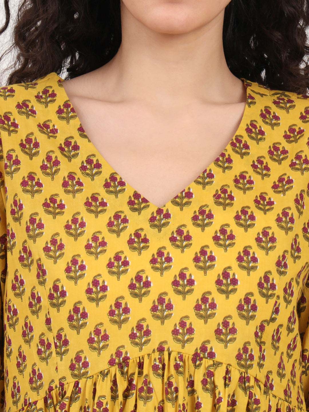Divena Yellow Floral Printed V Neck Cotton Top