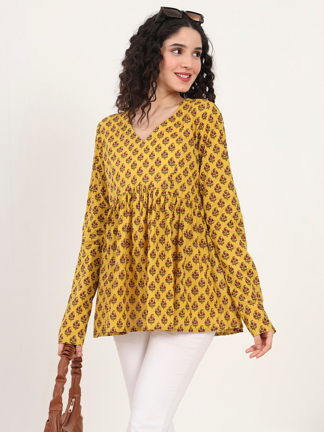 Yellow Floral Printed V Neck Cotton Top — view 1