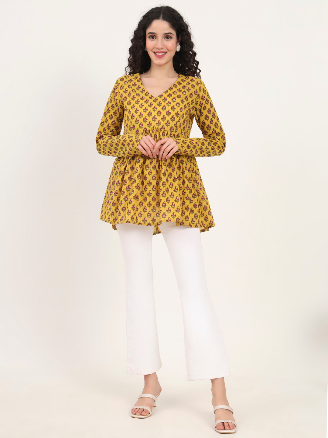 Divena Yellow Floral Printed V Neck Cotton Top