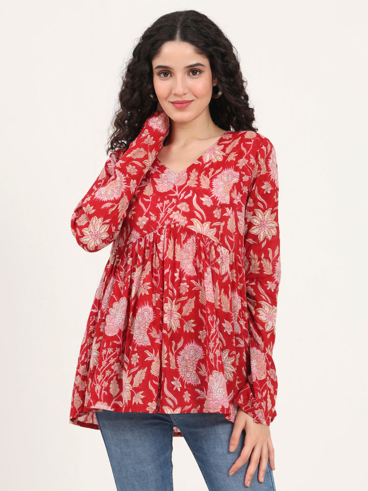 Divena Red Floral Printed V Neck Cotton Top